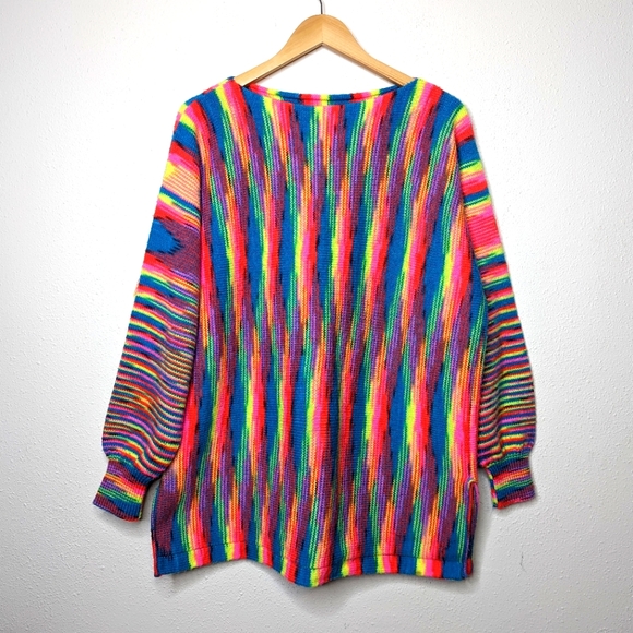 Vintage 80s Handmade Neon Multi Bright Stripe Knit Tunic Sweater - Picture 2 of 12